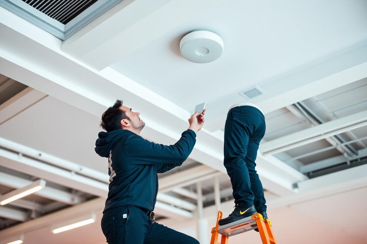 Technician installing a Wi-Fi access point on a ceiling
